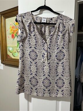 CAbi Ivory Blouse with Navy Lace-Style Print